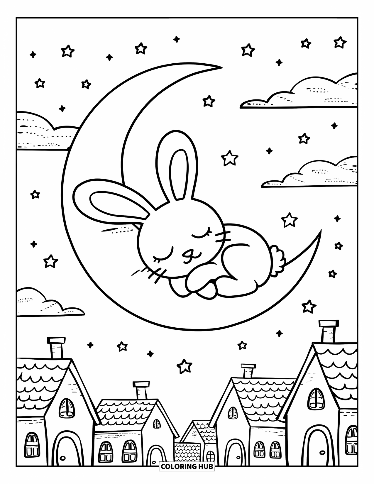 Bunny Coloring Page for Adults: A bunny snoozes on a crescent moon, floating over a starry village night