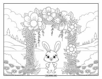 Haeschen-Ausmalbild für Erwachsene: Ein Hase steht unter einem Blumenbogen, umgeben von hängenden Blättern und Wildblumen