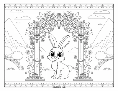 Haeschen-Ausmalbild für Erwachsene: Ein Hase steht unter einem Bogen aus Ranken und Blumen und blickt auf ein Gewässer