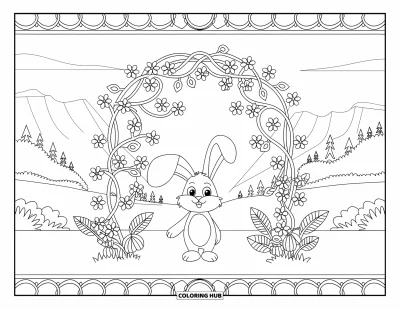 Haeschen-Ausmalbild für Erwachsene: Ein Hase steht unter einem rankenbedeckten Bogen mit Blumen in einer friedlichen Landschaft