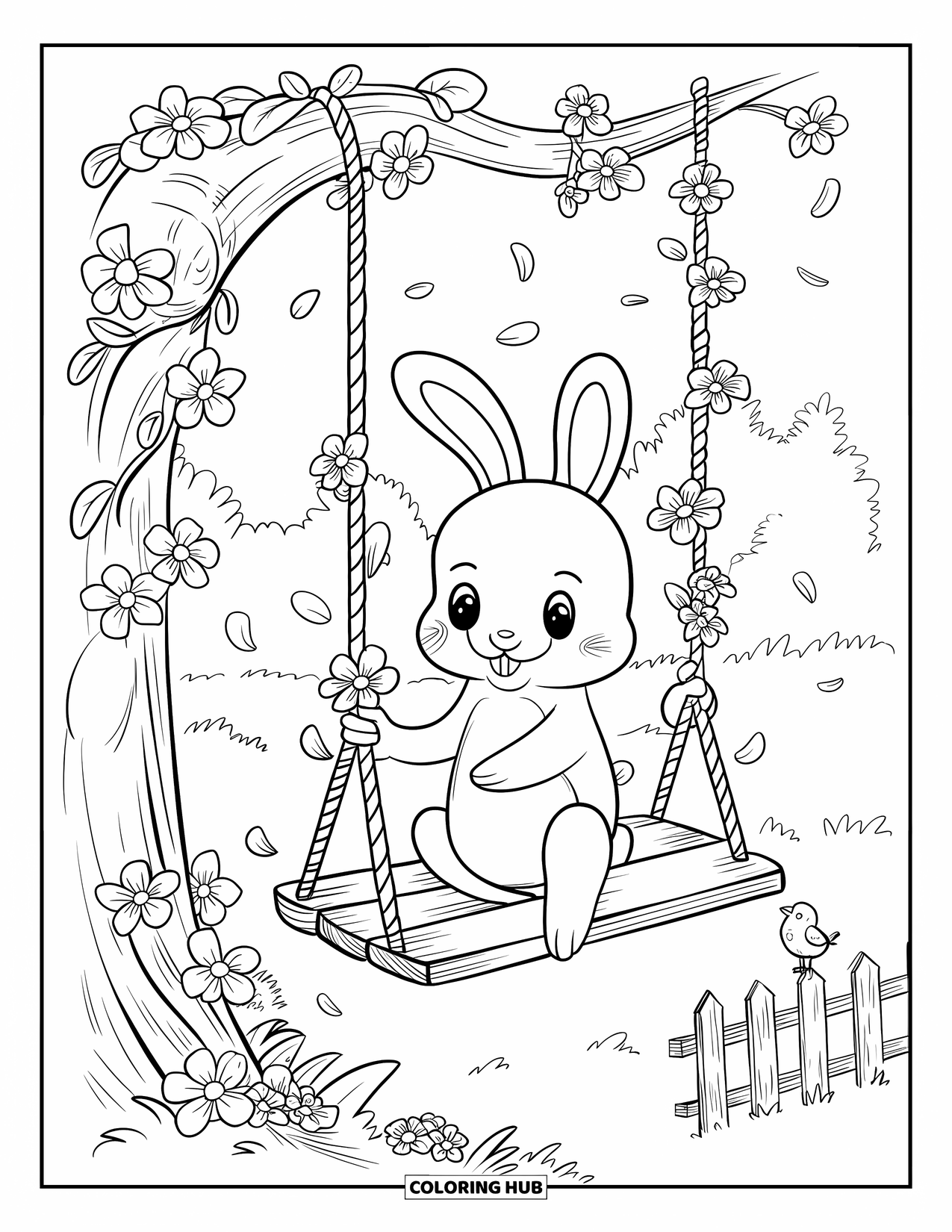 Bunny Coloring Page for Adults: A bunny swings on a wooden seat hanging from a vine covered in blooming flowers