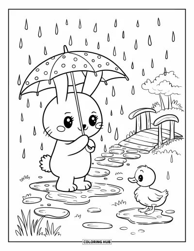 Haeschen-Ausmalbild für Erwachsene: Ein Hase läuft über einen Kopfsteinpflasterweg und schützt sich mit einem Regenschirm vor Regentropfen