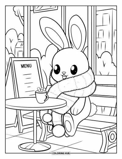 Haeschen-Ausmalbild für Erwachsene: Ein Hase mit übergroßem Schal trinkt heißen Kakao und sitzt vor einem kleinen Café