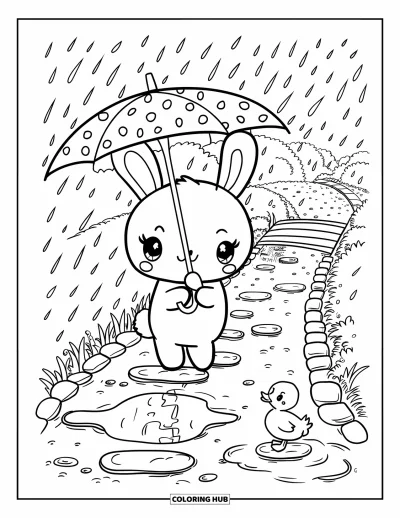 Haeschen-Ausmalbild für Erwachsene: Ein Hase mit Regenschirm schaut zu, wie Regentropfen eine Pfütze kräuseln, neben einem watschelnden Entenküken