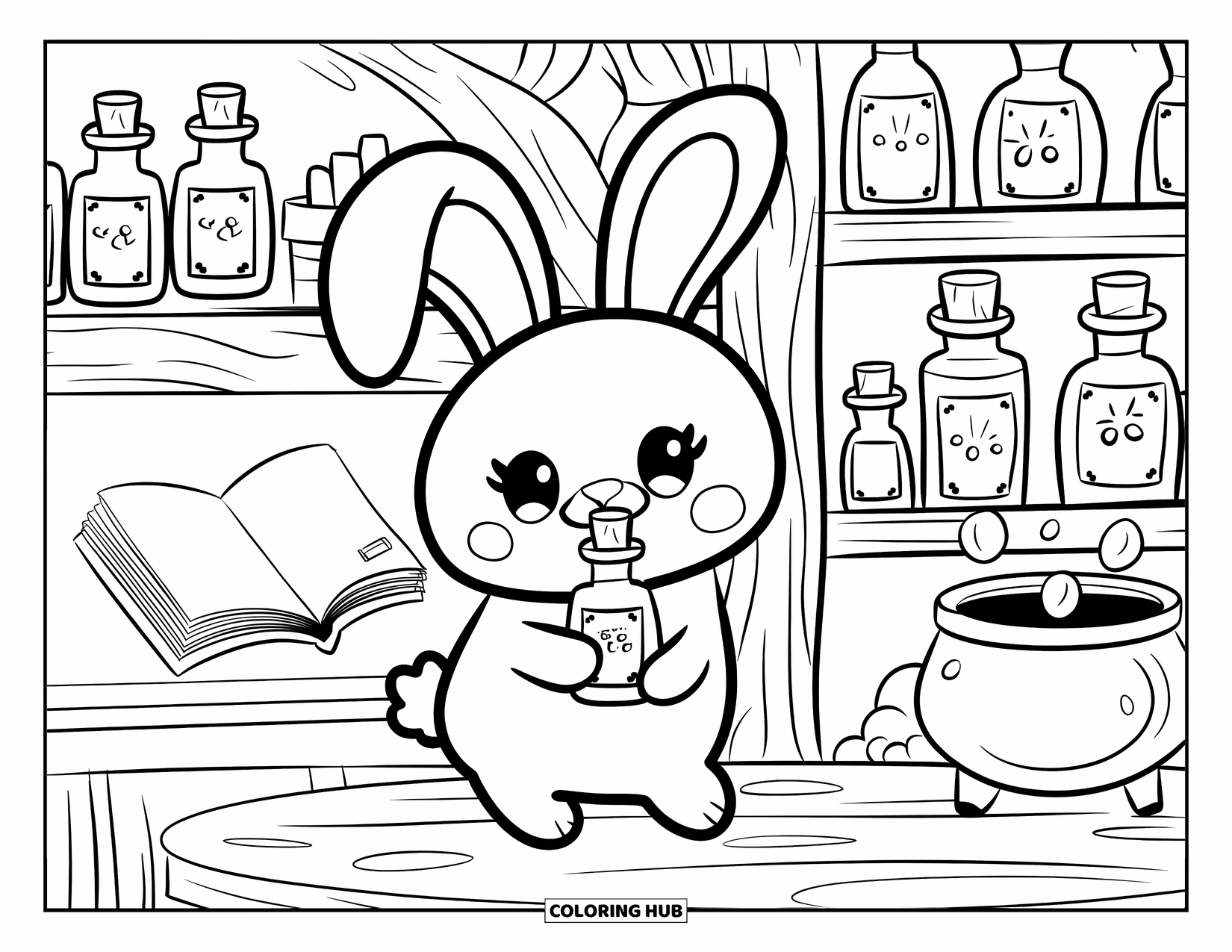 Bunny Coloring Page for Adults: A bunny with big eyes holds a tiny potion bottle in a warm, mystical shop