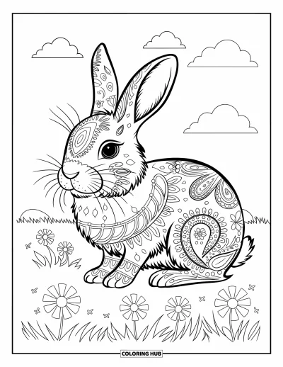 Haeschen-Ausmalbild für Erwachsene: Ein Hase mit detaillierten Paisley-Mustern sitzt auf einem Feld mit Wolken am Himmel