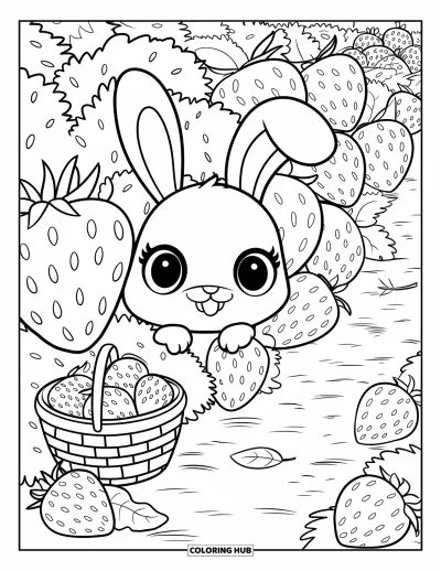Haeschen-Ausmalbild für Erwachsene: Ein Hase mit großen Augen schaut hinter einem Strauch hervor, der voller Erdbeeren hängt