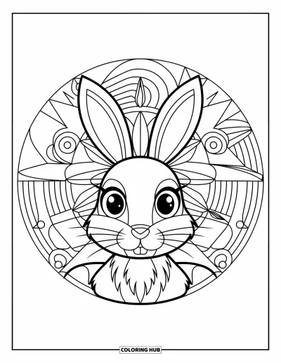 Haeschen-Ausmalbild für Erwachsene: Ein rundes Mandala zeigt einen Hasen mit großen Augen zwischen filigranen Blumenmustern