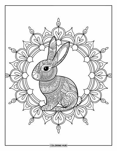 Haeschen-Ausmalbild für Erwachsene: Ein detailreiches Hasen-Mandala ist von floralen und geometrischen Mustern umgeben