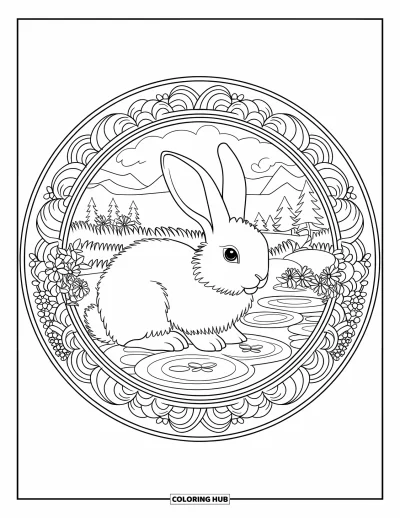 Haeschen-Ausmalbild für Erwachsene: Ein flauschiger Hase sitzt auf einem Seerosenblatt in einem Mandala, umgeben von Blumen und Grün