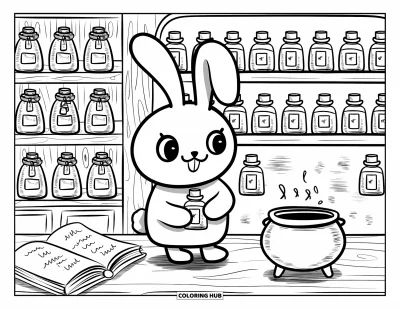 Haeschen-Ausmalbild für Erwachsene: Ein Kawaii-Hase betrachtet einen kleinen Zaubertrank in einem heimeligen Laden voller winziger Flaschen