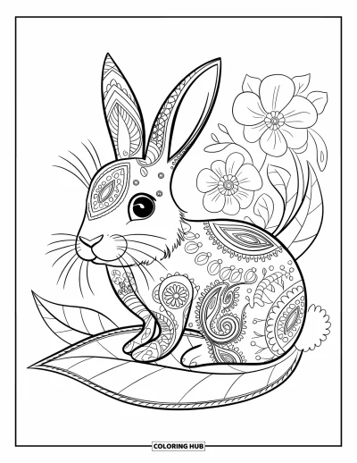 Haeschen-Ausmalbild für Erwachsene: Ein Hase mit Paisley-Muster ruht auf einem Blatt, umgeben von Blumen und Ranken
