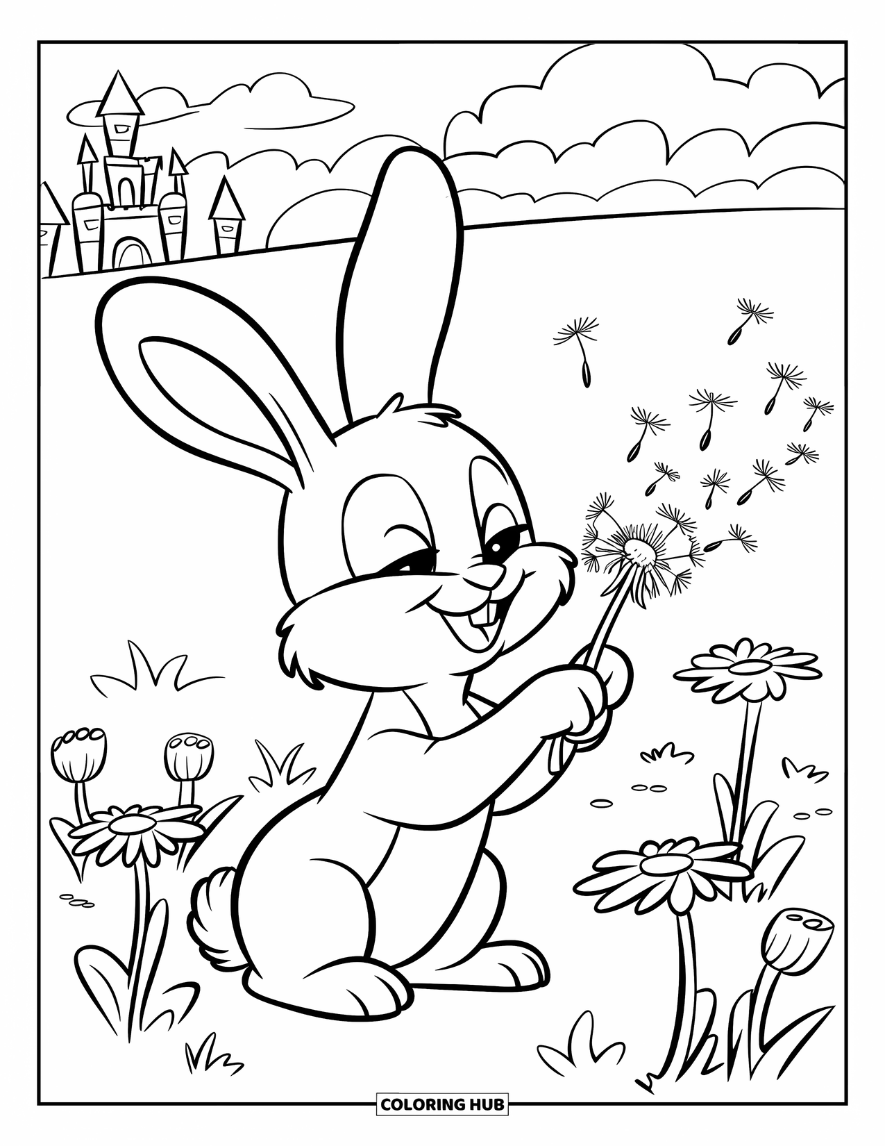 Bunny Coloring Page for Kids: A bunny blows a dandelion in a flower-filled meadow with a castle in the distance