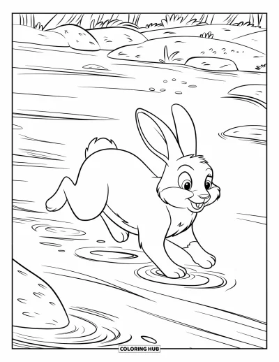 Haeschen-Ausmalbild für Kinder: Ein Hase flitzt über das Flussufer, sein Spiegelbild kräuselt sich im Wasser darunter