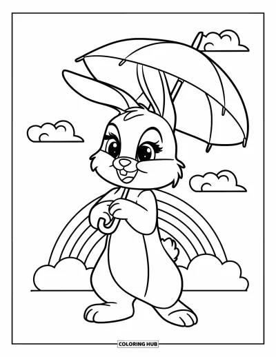 Haeschen-Ausmalbild für Kinder: Ein Hase in einem niedlichen Outfit hält einen Regenschirm unter einem Himmel voller Regenbögen