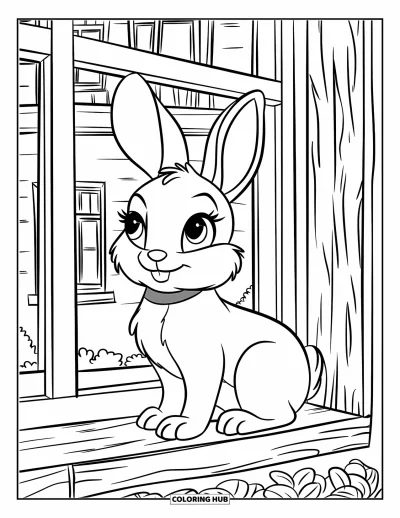 Haeschen-Ausmalbild für Kinder: Ein Hase blickt aus dem Fenster und sitzt auf einer hölzernen Fensterbank mit einer Pflanze daneben