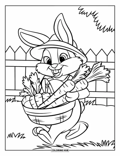 Haeschen-Ausmalbild für Kinder: Ein Hase mit grünem Hut trägt in der Nähe eines Zauns einen Korb mit frischen Karotten und Sellerie