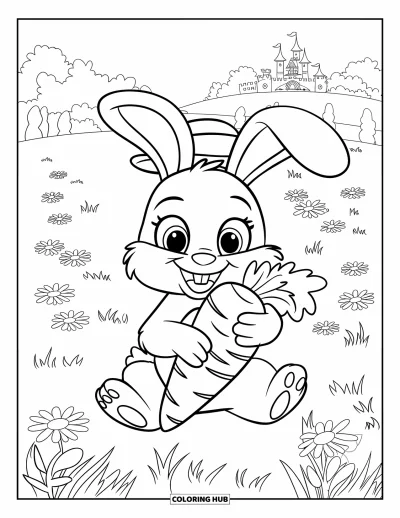 Haeschen-Ausmalbild für Kinder: Ein Hase mit grünem Hut sitzt auf einem Feld voller Blumen und hält eine riesige Karotte