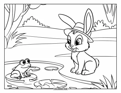 Haeschen-Ausmalbild für Kinder: Ein Hase mit grünem Hut sitzt nahe einem Teich, beobachtet von einem großäugigen Frosch auf einem Seerosenblatt