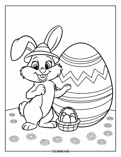 Haeschen-Ausmalbild für Kinder: Ein Hase mit grünem Hut lächelt neben einem riesigen Osterei auf einer grasigen Wiese