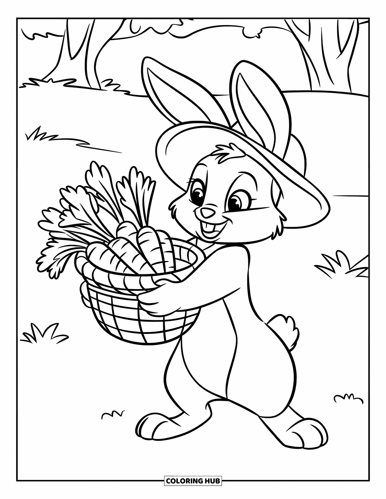 Bunny Coloring Page for Kids: A bunny in a green hat stands beside a basket of vegetables in a peaceful landscape