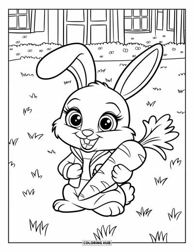 Haeschen-Ausmalbild für Kinder: Ein Hase in einer grünen Jacke hält eine Karotte, während er auf einer blumigen Wiese sitzt