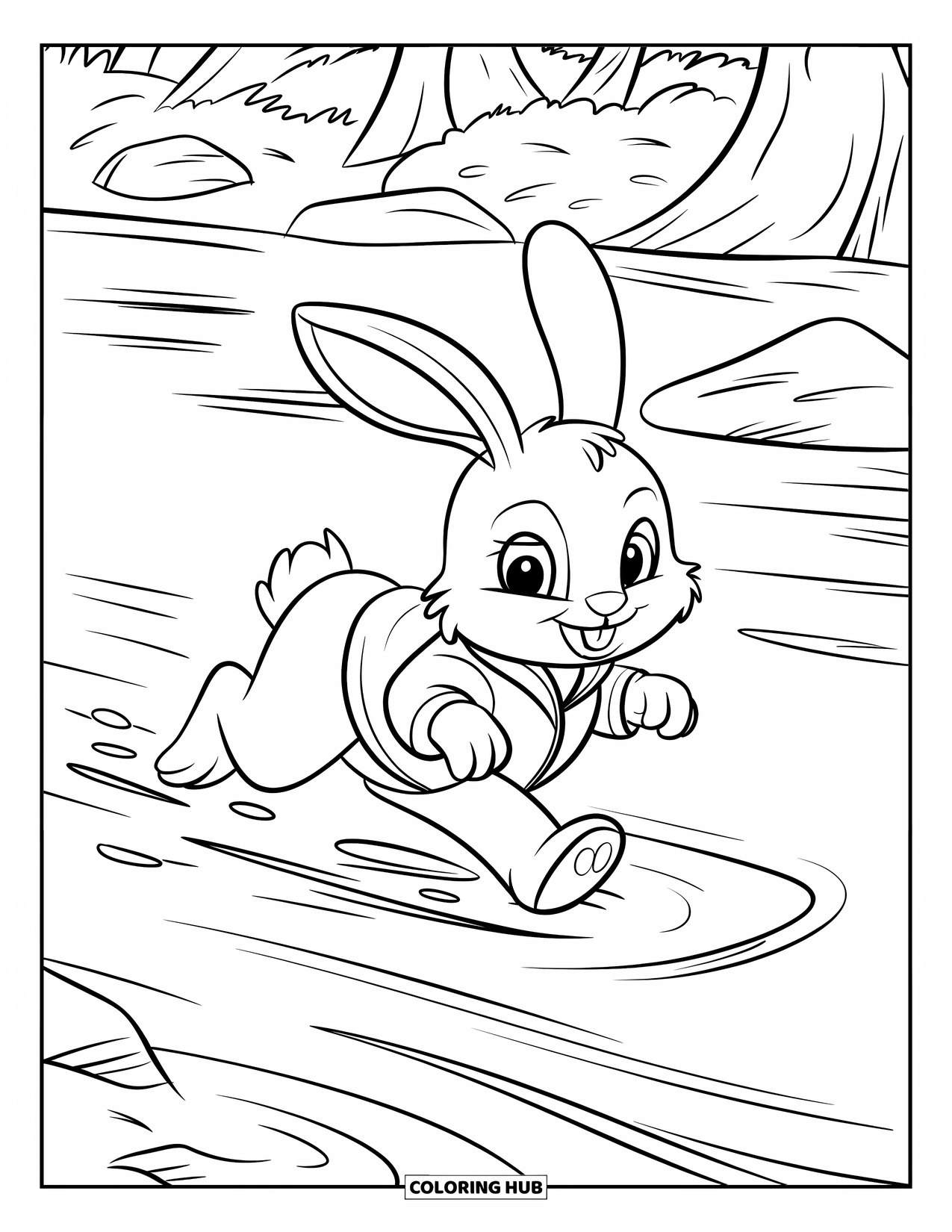 Bunny Coloring Page for Kids: A bunny in a green jacket runs across a riverbank with trees and rocks in the background