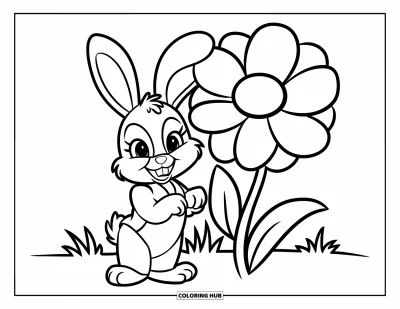 Haeschen-Ausmalbild für Kinder: Ein Hase in grünem Outfit bewundert eine große Blume auf einer grasigen Wiese