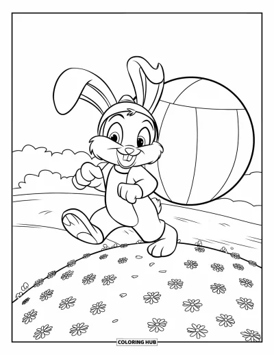 Haeschen-Ausmalbild für Kinder: Ein Hase in grünem Outfit hüpft über winzige Blumen neben einem runden blauen Objekt