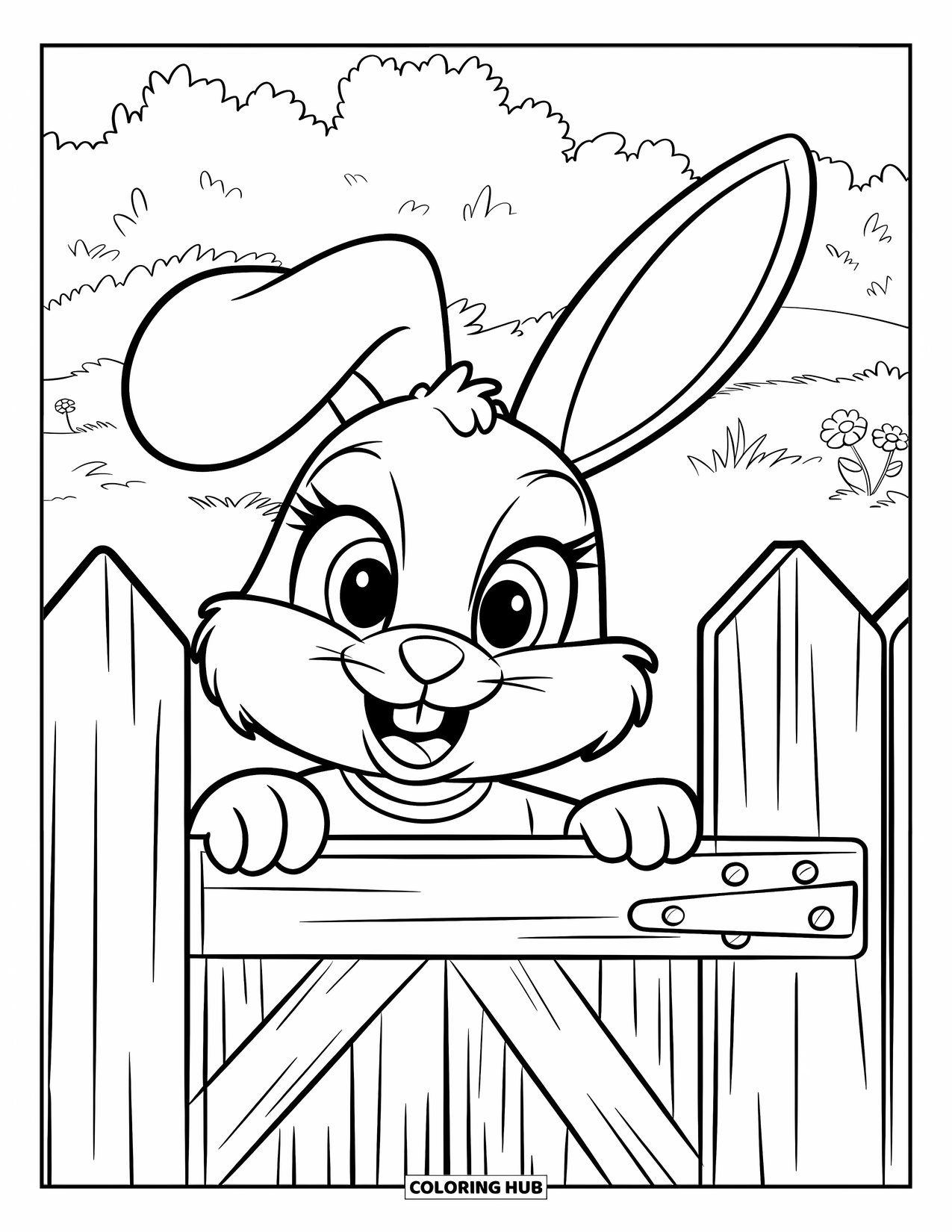 Bunny Coloring Page for Kids: A bunny in a green shirt peeks through a wooden fence surrounded by wildflowers