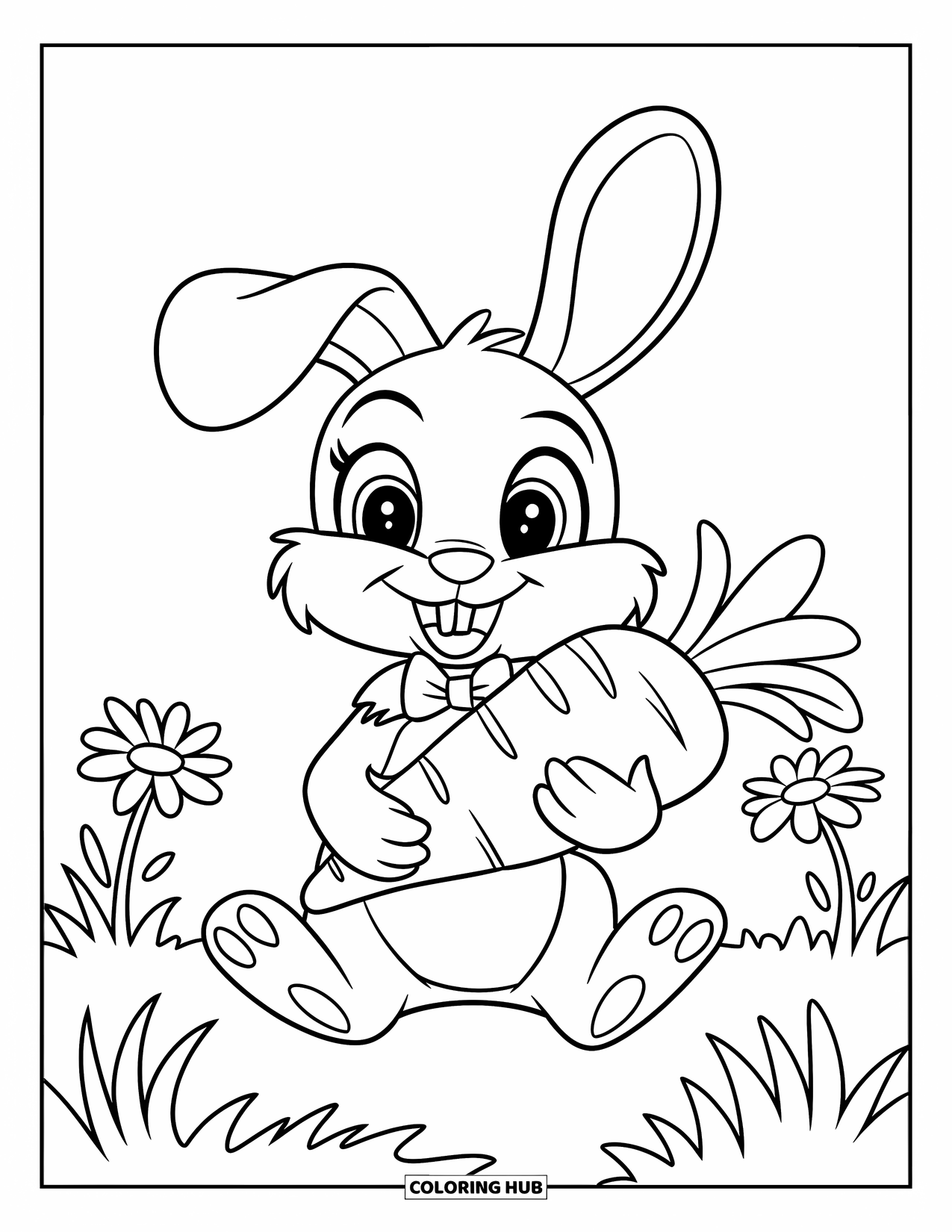 Bunny Coloring Page for Kids: A bunny in a red bowtie holds a carrot while sitting among daisies in the grass