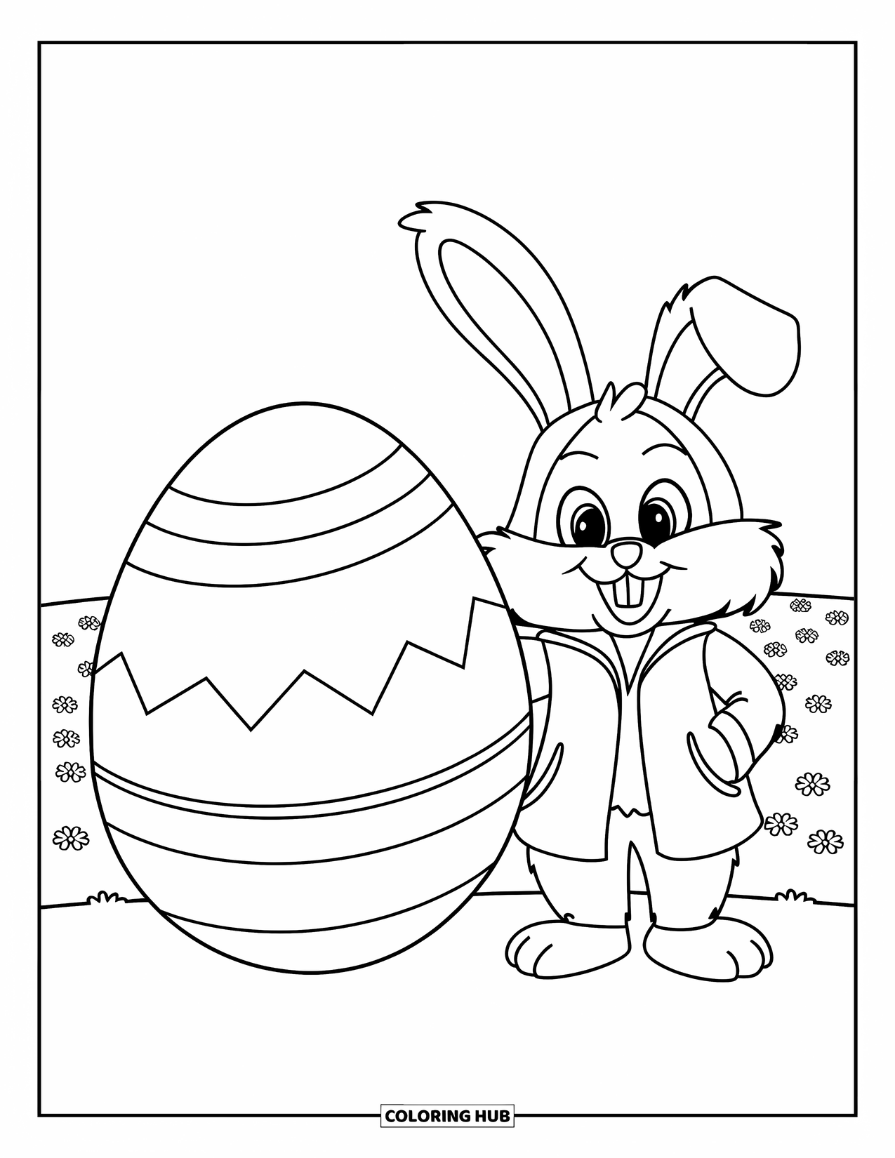 Bunny Coloring Page for Kids: A bunny in a red coat and blue hat sits beside a bright green-striped Easter egg