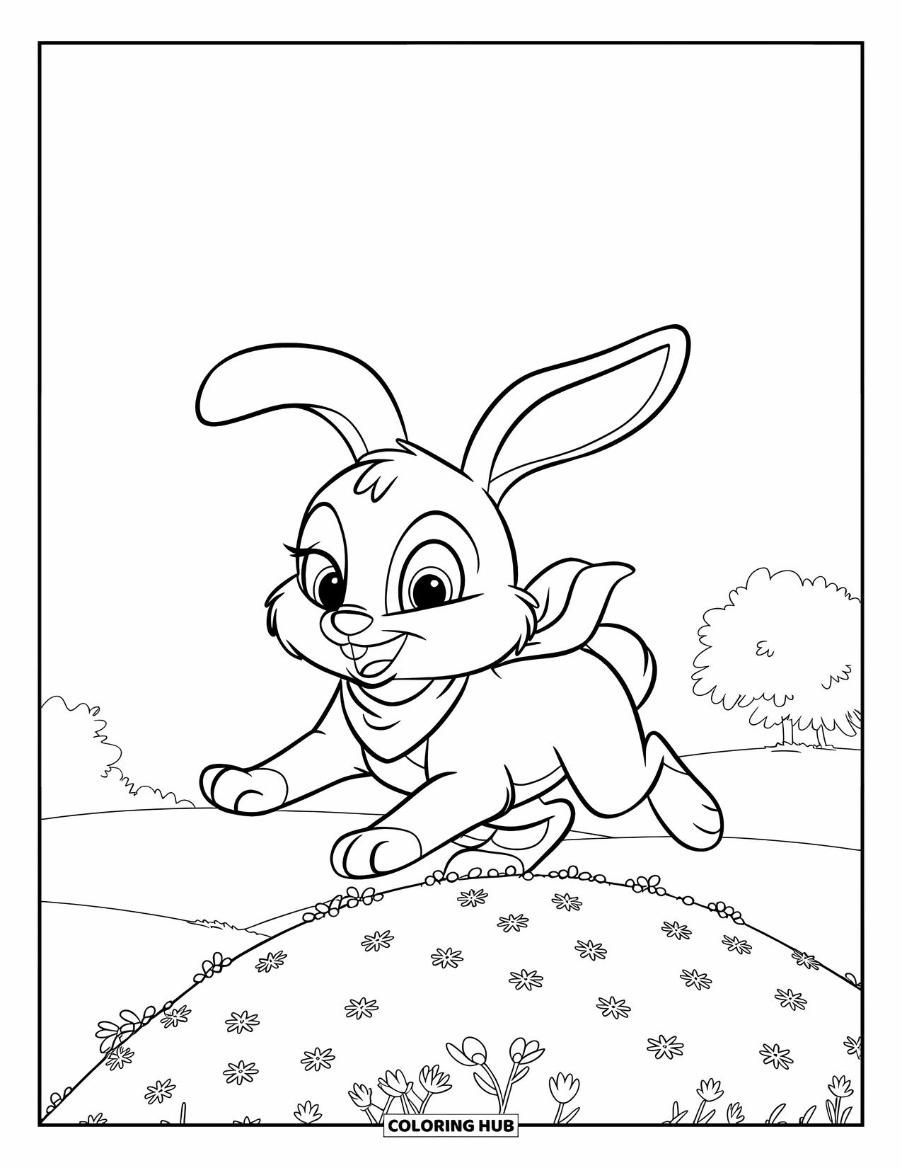 Bunny Coloring Page for Kids: A bunny in a red scarf hops across a hill dotted with small flowers