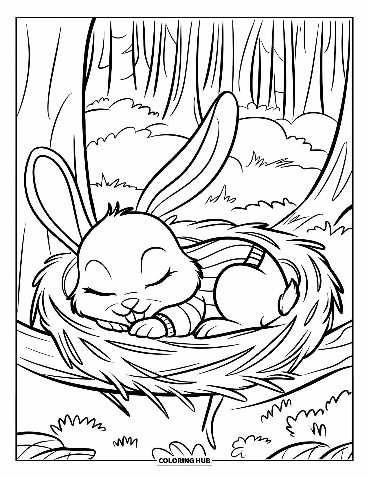 Bunny Coloring Page for Kids: A bunny in a red sweater dozes off in a nest resting on a tree branch