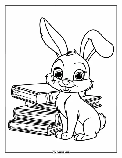 Haeschen-Ausmalbild für Kinder: Ein Hase mit Schal sitzt neben einem Bücherstapel in einer schlichten, behaglichen Umgebung