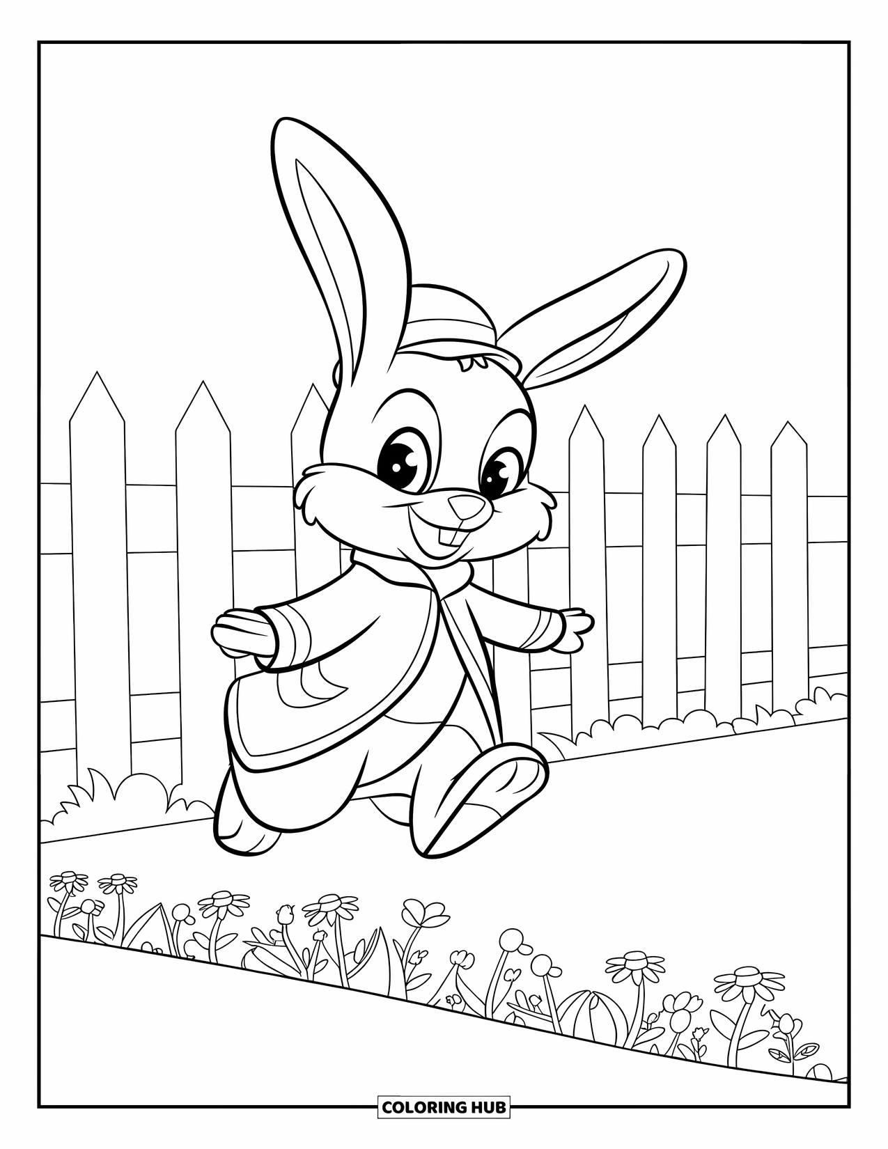 Bunny Coloring Page for Kids: A bunny in a small hat jumps over flowers in a garden with a white fence