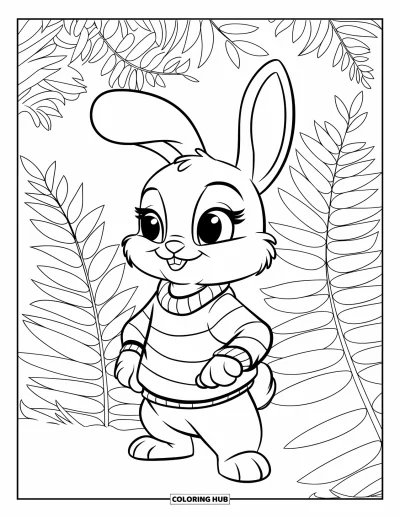 Haeschen-Ausmalbild für Kinder: Ein Hase im gestreiften Pullover mit Halsband steht zwischen hohen Farnen und blickt neugierig nach oben