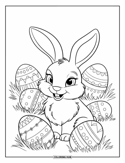 Haeschen-Ausmalbild für Kinder: Ein Hase ist von gemusterten Ostereiern umgeben, einige gestapelt und andere im Gras verstreut