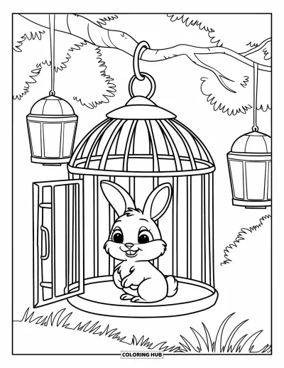 Haeschen-Ausmalbild für Kinder: Ein Hase sitzt in einem offenen Vogelkäfig, der an einem Ast in einem üppigen Wald hängt