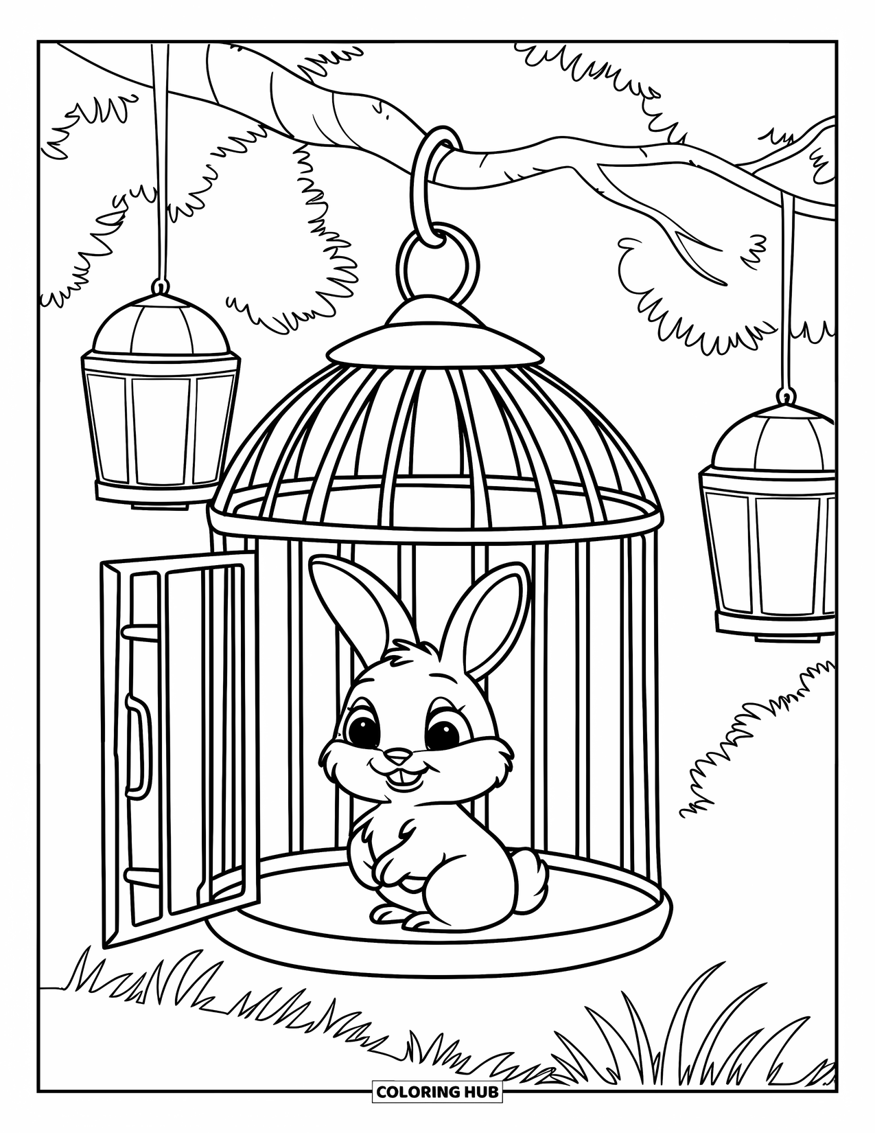 Bunny Coloring Page for Kids: A bunny perches inside an open birdcage, hanging from a branch in a lush forest