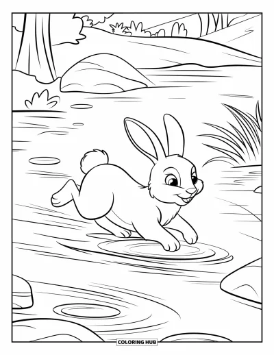 Haeschen-Ausmalbild für Kinder: Ein Hase saust am Flussufer entlang und springt über Felsen und kräuselndes Wasser