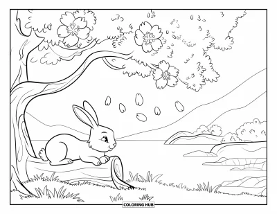 Haeschen-Ausmalbild für Kinder: Ein Hase ruht auf einem Baumstamm unter einem Kirschblütenbaum, umgeben von einer schönen Landschaft