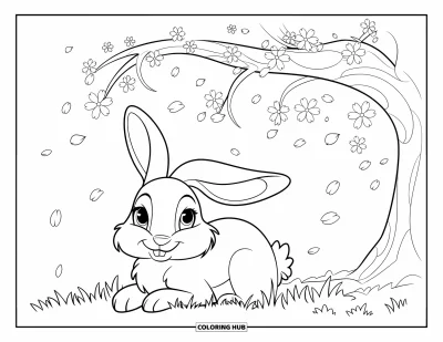Haeschen-Ausmalbild für Kinder: Ein Hase ruht unter einem Kirschblütenbaum, während sanft Blütenblätter um ihn fallen