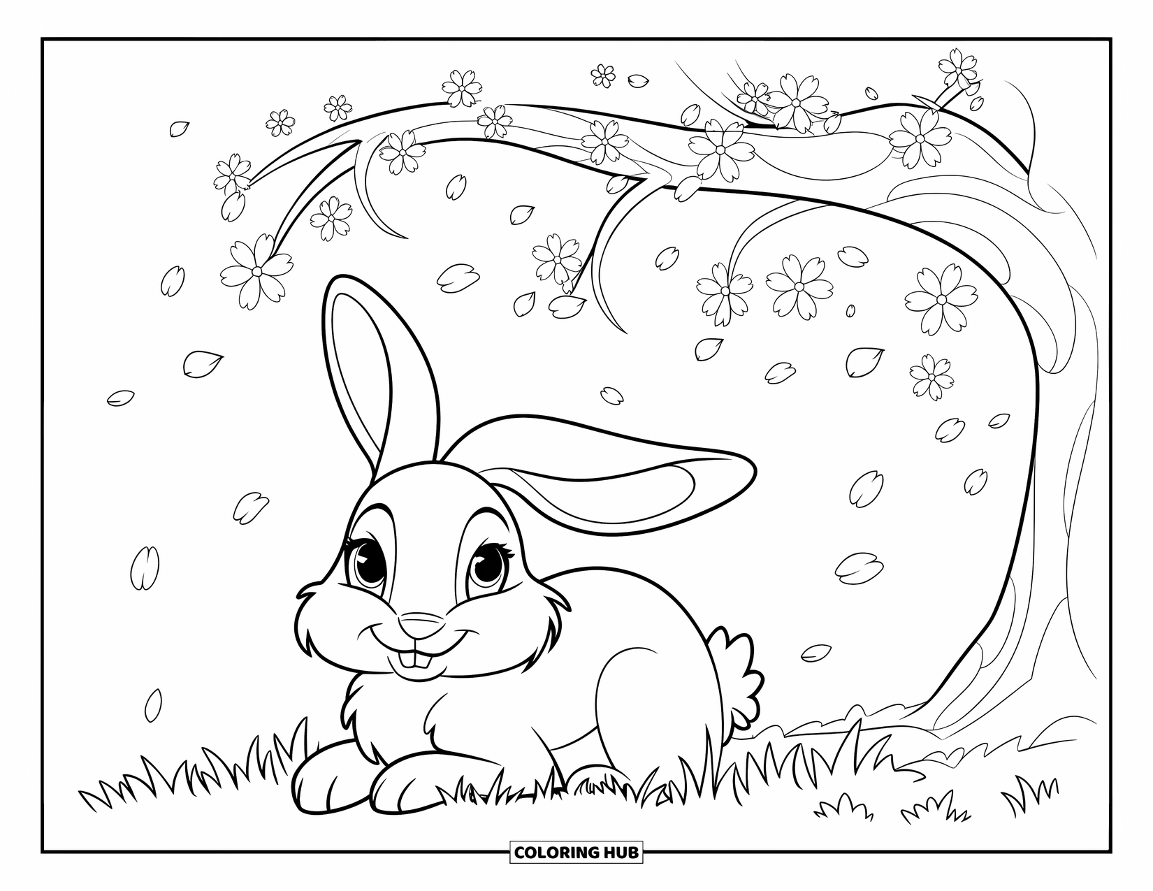 Bunny Coloring Page for Kids: A bunny rests under a cherry blossom tree as petals gently fall around it