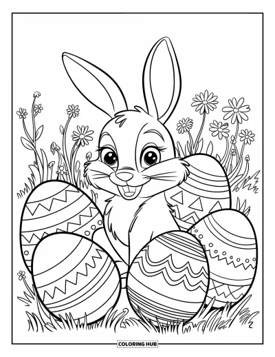 Haeschen-Ausmalbild für Kinder: Ein Hase sitzt zwischen dekorativen Ostereiern, umgeben von Wildblumen auf einer grasigen Wiese