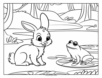 Haeschen-Ausmalbild für Kinder: Ein Hase sitzt an einem Teich und beobachtet einen neugierigen Frosch auf einem Seerosenblatt