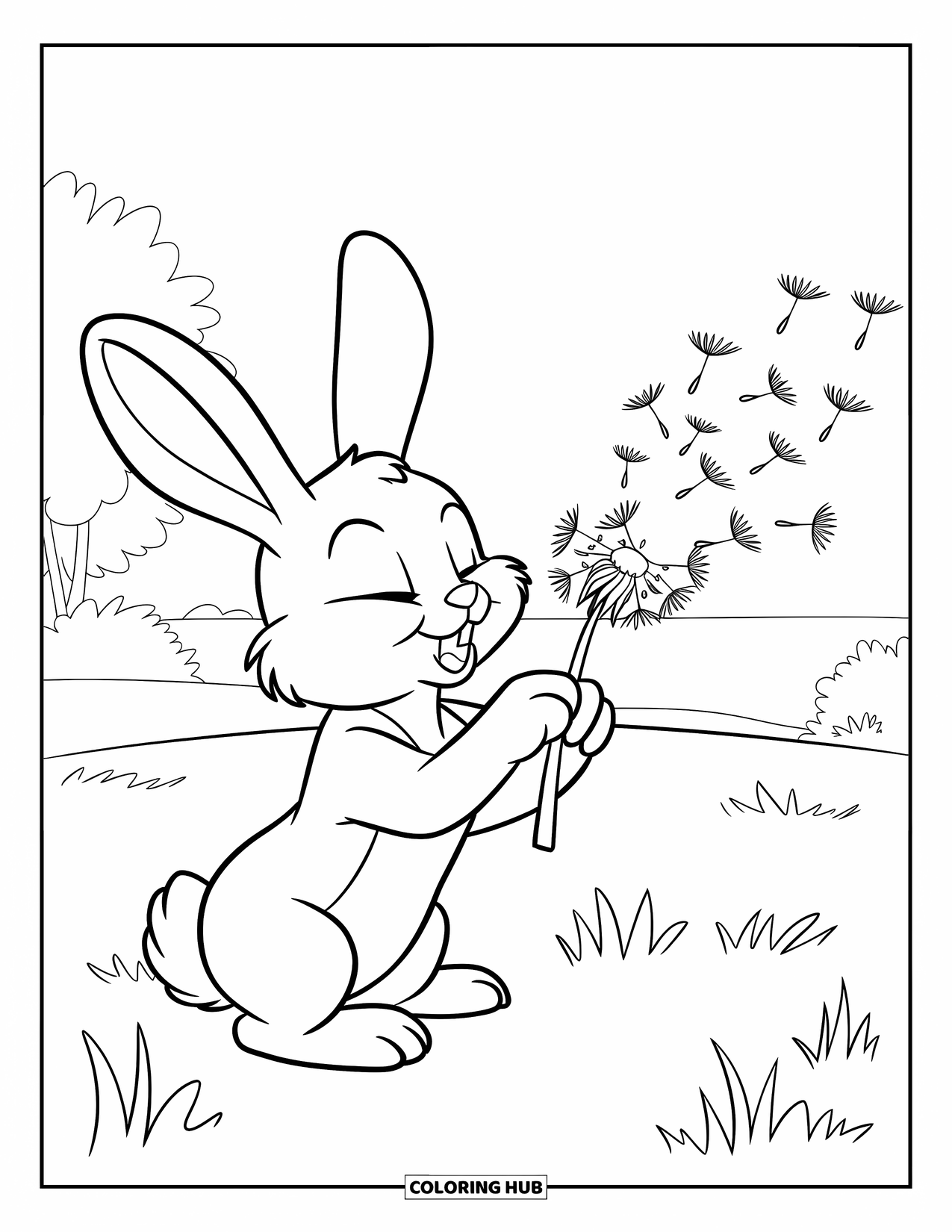 Bunny Coloring Page for Kids: A bunny sits in a grassy field, blowing a dandelion as its seeds float away
