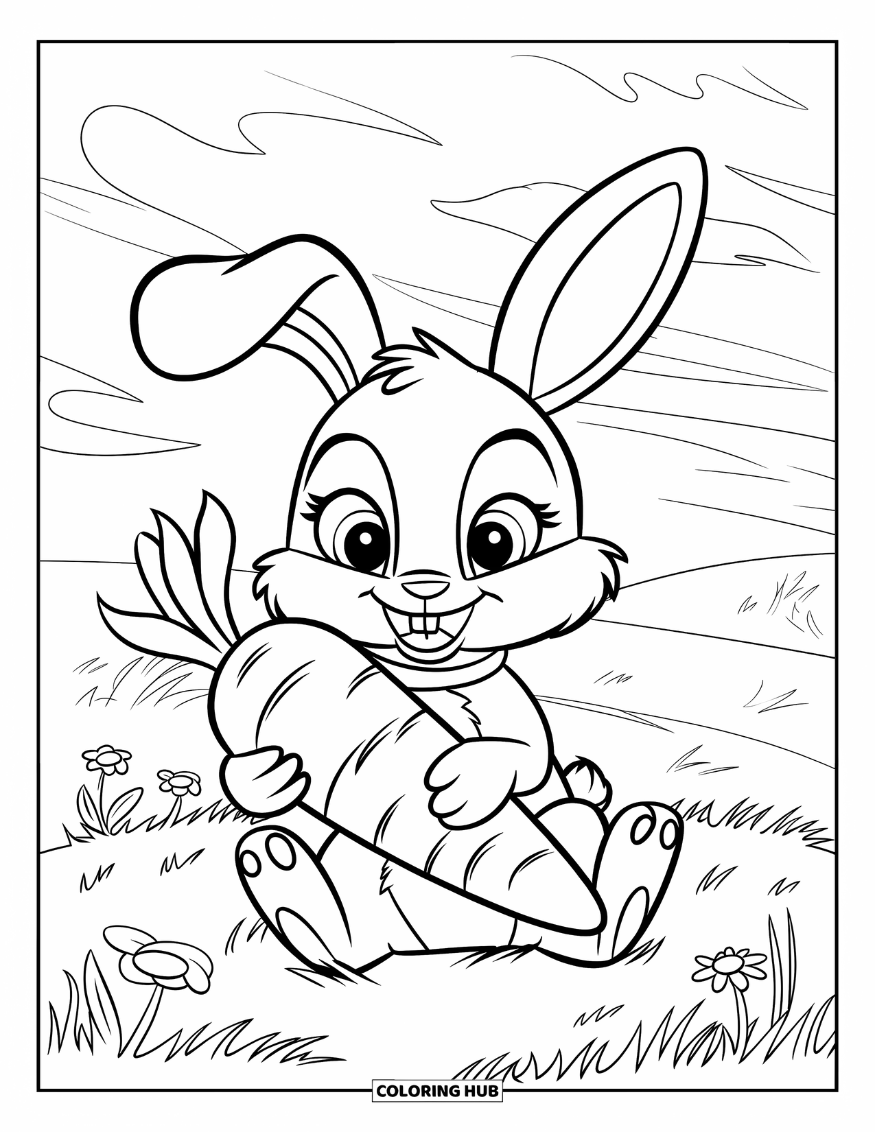 Bunny Coloring Page for Kids: A bunny sits in a grassy field, holding a large carrot with a happy expression