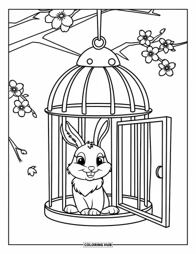 Haeschen-Ausmalbild für Kinder: Ein Hase sitzt in einem hängenden Vogelkäfig, dessen Tür offen steht, während in der Nähe Kirschblüten blühen