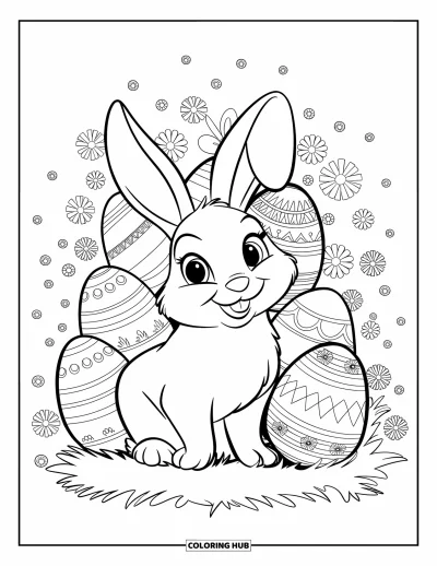 Haeschen-Ausmalbild für Kinder: Ein Hase sitzt auf einem grasigen Hügel, umgeben von Ostereiern mit lebhaften Mustern